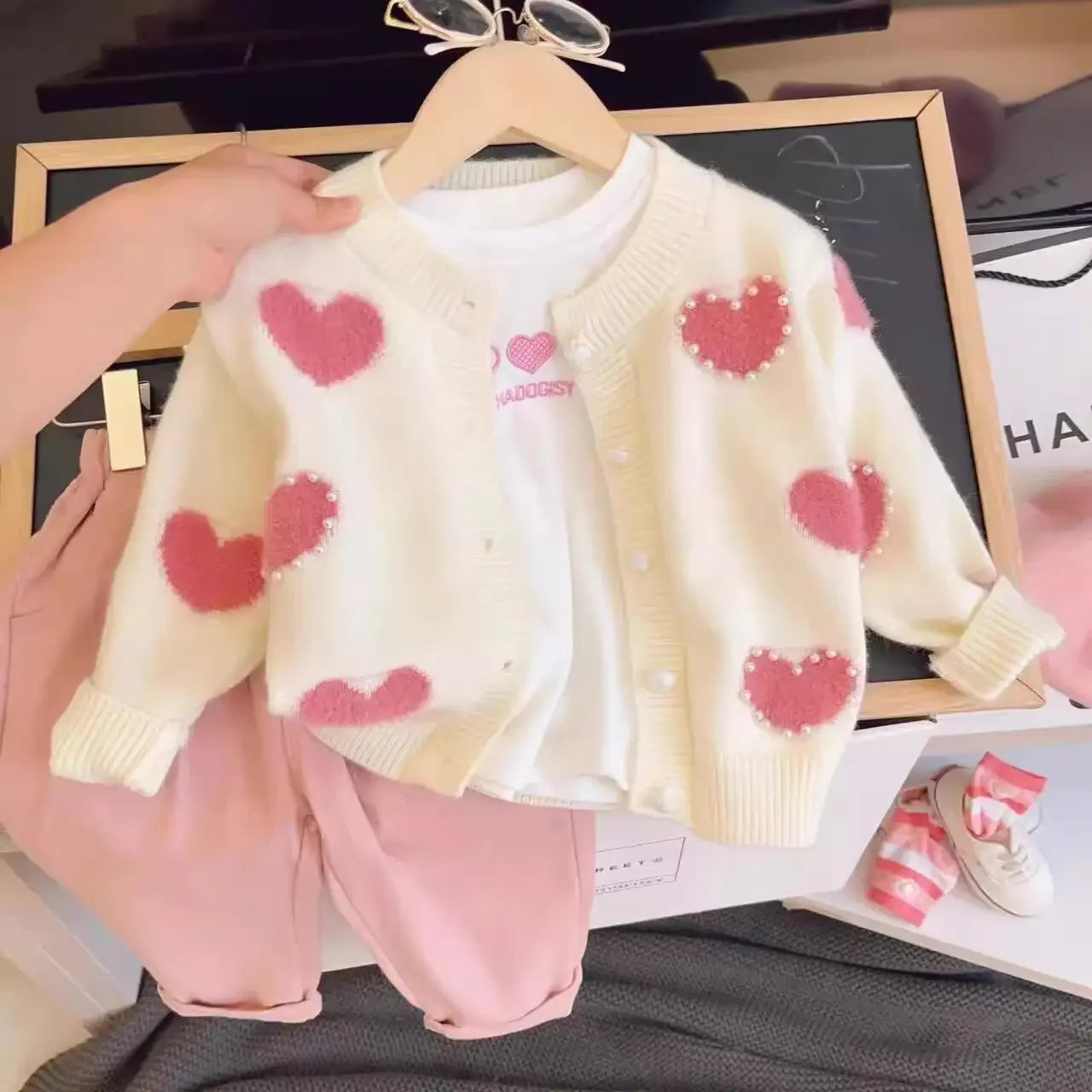 Children's Clothes Valentine's Day Baby Girl Love Cardigan Sweater Bottoming Shirt Casual Jeans Three-piece Children's Suit