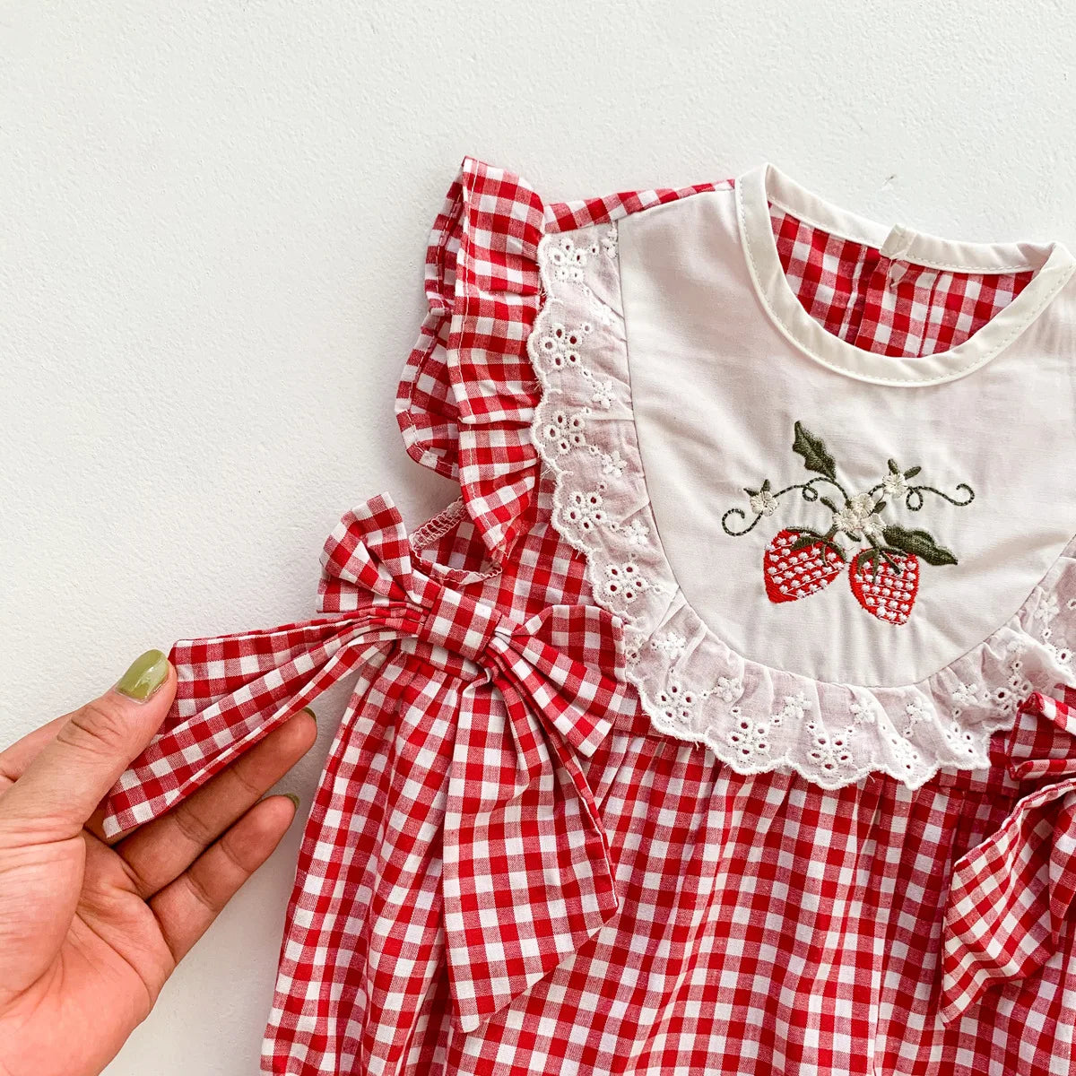 Infant Girls Summer Plaid Embroidery Flower Bodysuits Gift Headbands