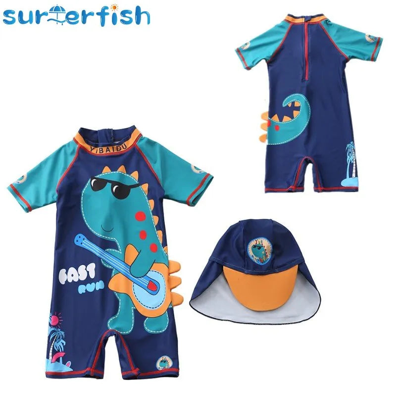 New 2023 Boys Swimsuit With Hat Shark Style Dinasour One Piece Children's Swimwear Boys Swimwear Shark Bathing Suit With Hat