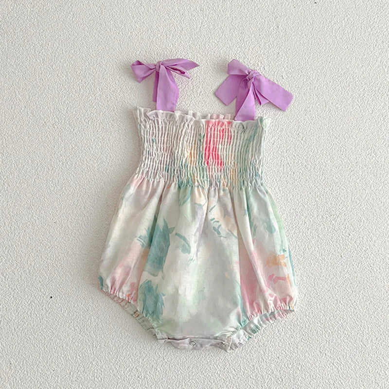 Korean Style Summer Girls Floral Jumpsuit+Hair Band 2pcs