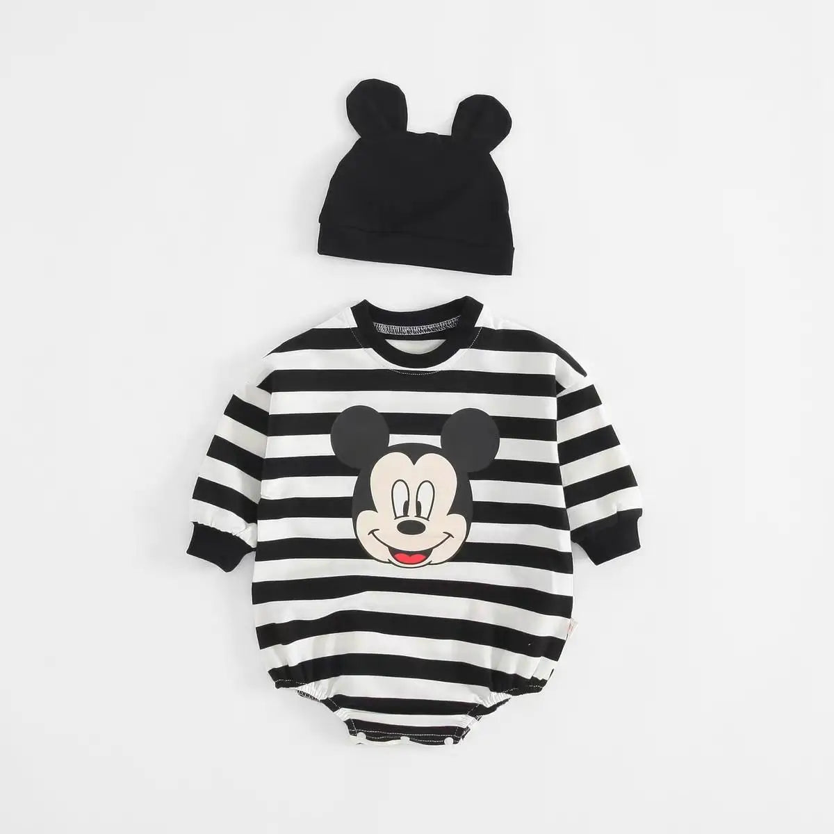 Striped Mickey Baby Long Sleeve Cotton Bodysuit With Hat
