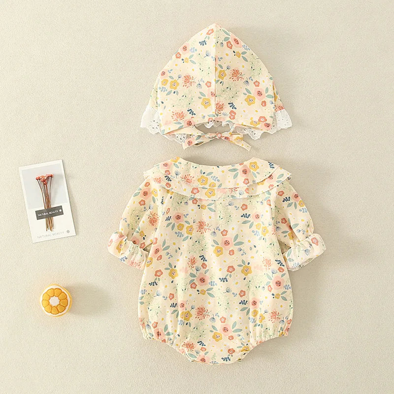Summer Baby Girls Bodysuit+Hat Cotton Peter Pan collar Ruffles