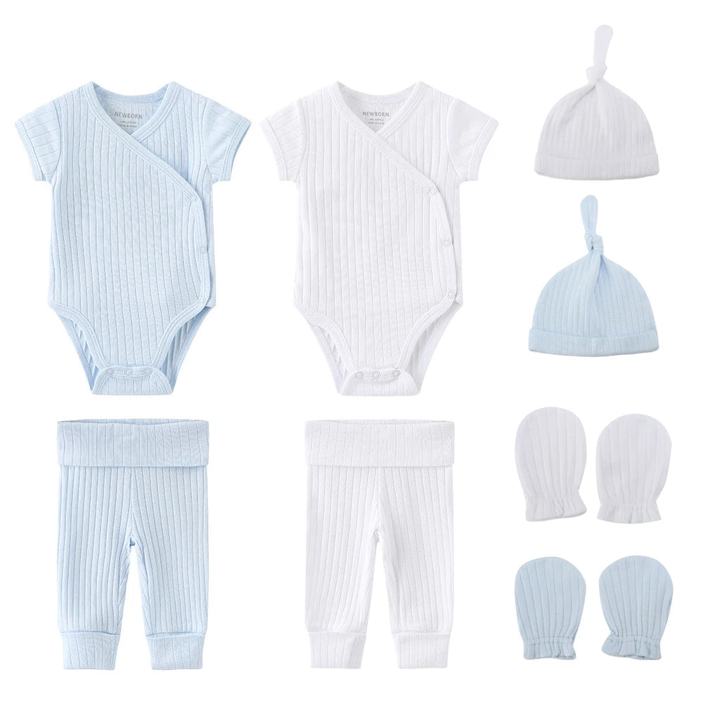New Born Bodysuits+Pants+Hats+Gloves 8 Pieces Baby Girl Clothes Sets 100%Cotton Solid Color Baby Boy Clothes Unisex Short Sleeve