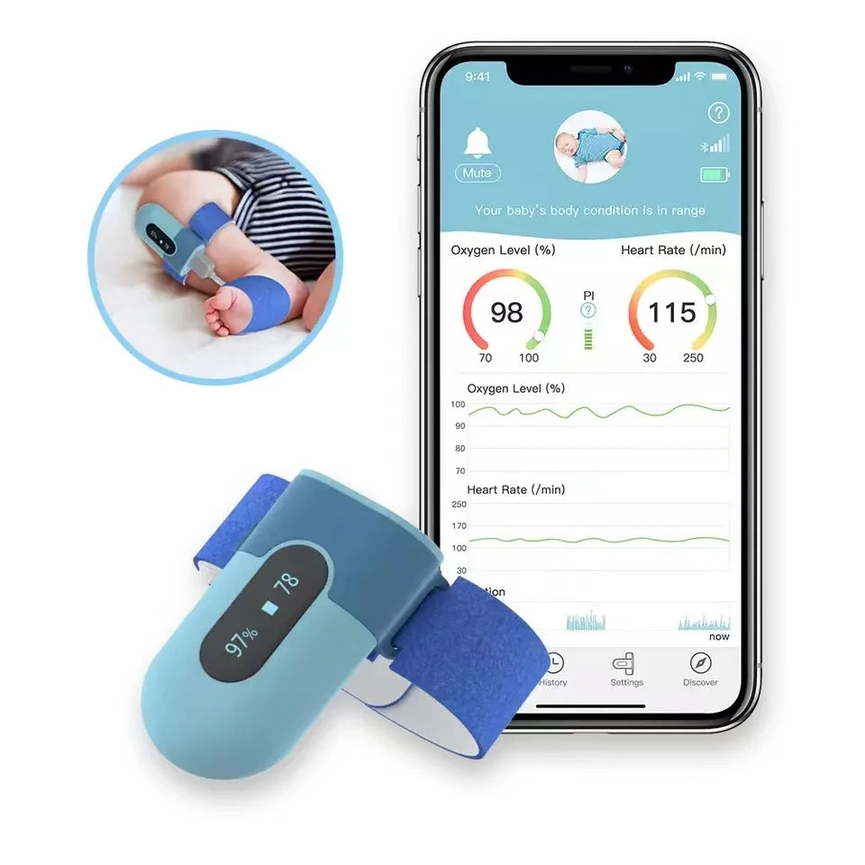Babyo2 S2 Bluetooth Smart Audio Reminder Wearable Rechargeable Baby Spo2 Sleep Heart Rate Baby Blood Oxygen Monitor