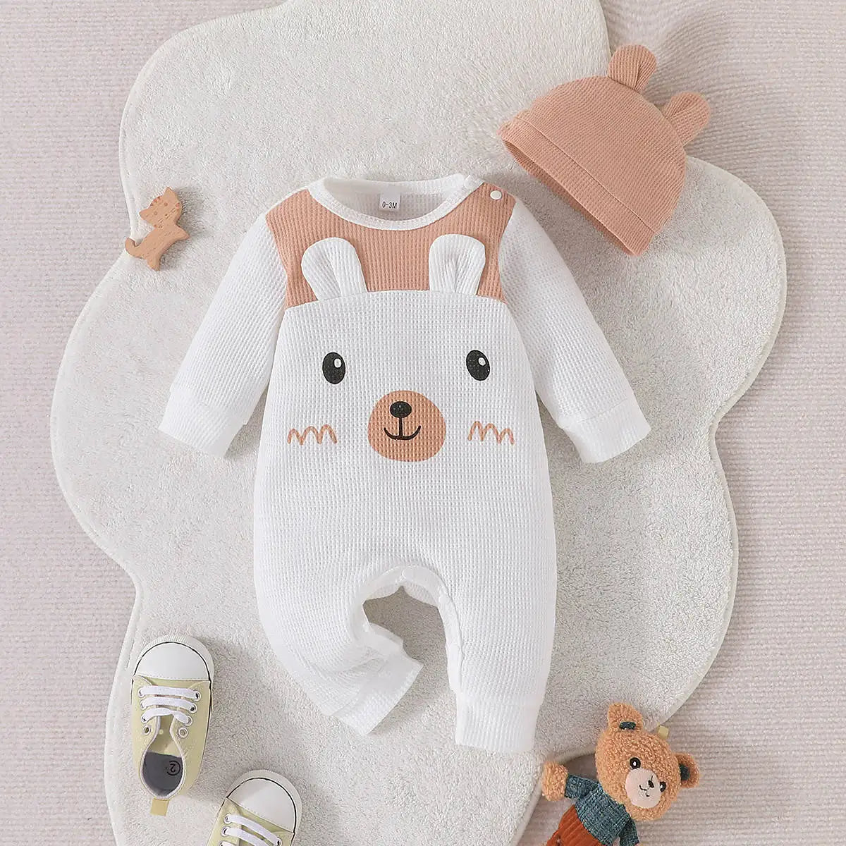 Newborn Infant Baby Boy Clothes Sets Spring Autumn Waffle Long-Sleeved Cute Jumpsuit+Hat 2 PCS Toddler Girls Clothes