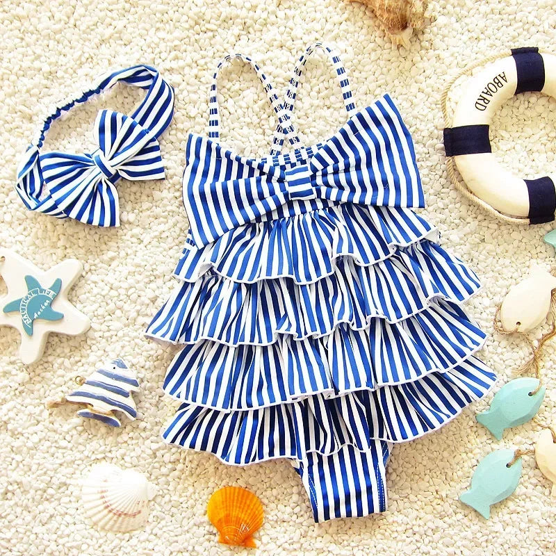 Baby Girl Blue Stripes Bow One Piece Swimwear
