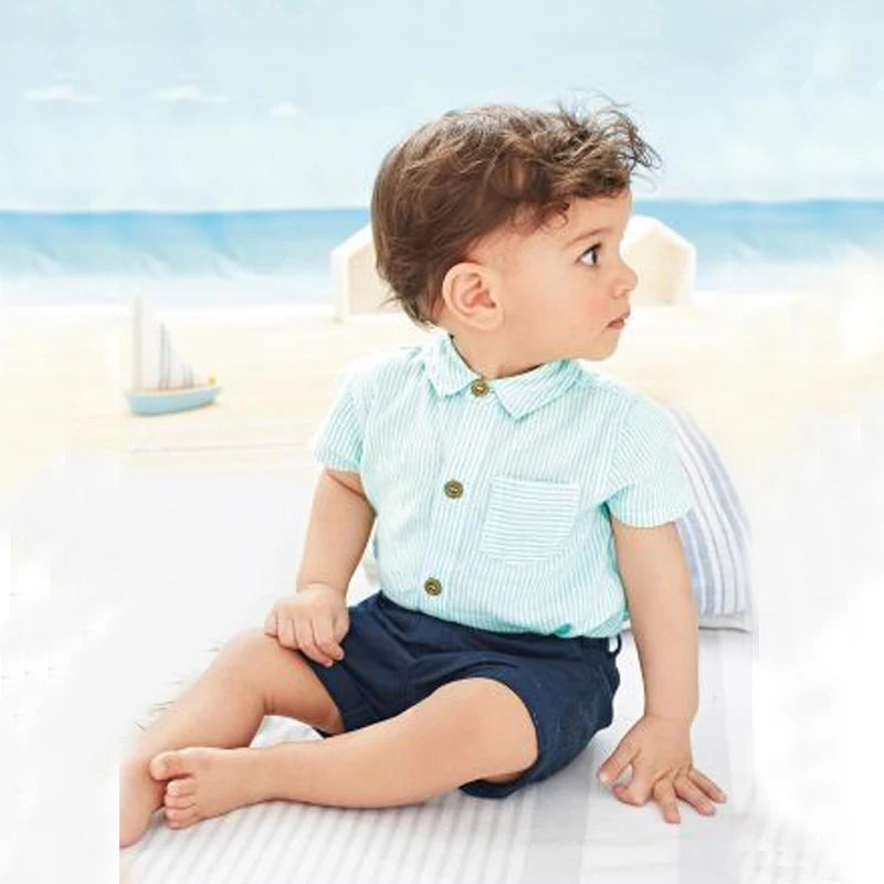 Boy Formal Dress Cotton Striped Romper + Bow + Navy Shorts + Suspenders Sets Boy Dress Clothes for Wedding Clothes 0 3 Months