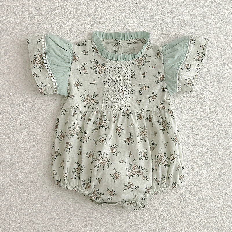 Korean Style Summer Girls Floral Jumpsuit+Hair Band 2pcs