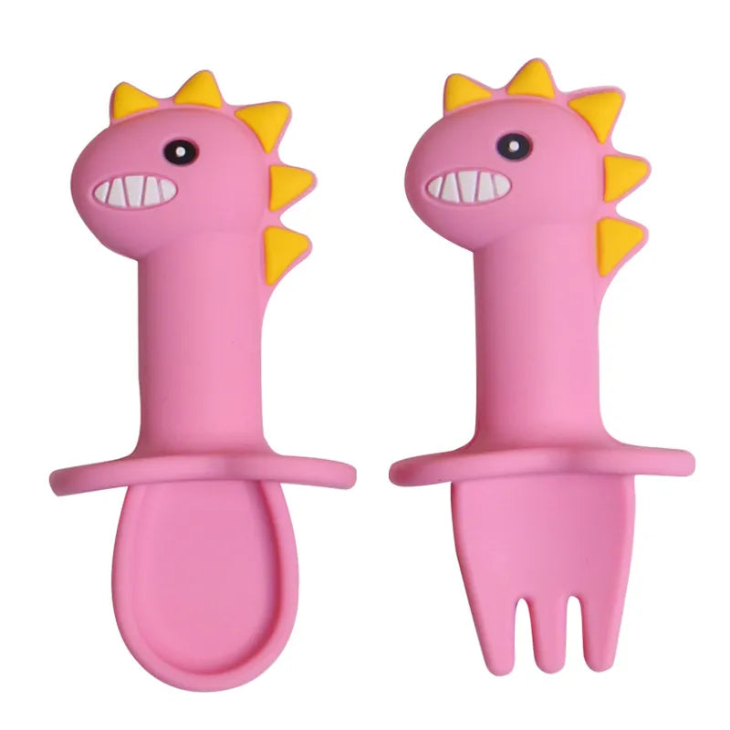 Baby Dinosaur Silicone Tableware Learning Spoon Fork Set Kids Anti-slip Feeding Training Utensils  Food Grade Silicone Dishes