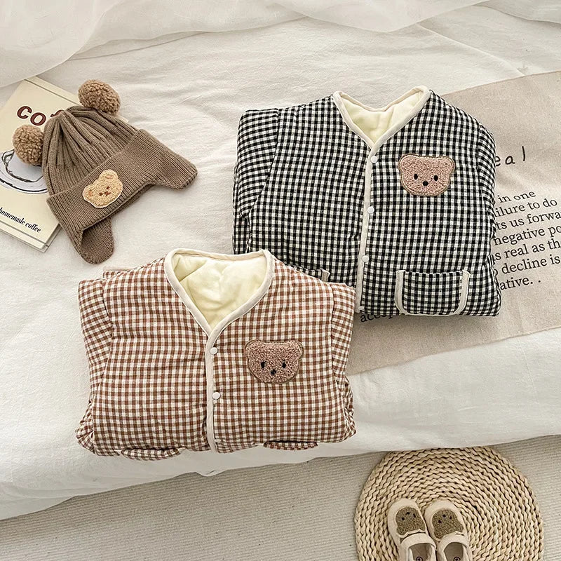 Winter Baby Girls Boys Rompers Infant Thicken Cotton Jumpsuit Korean Checkered Long Sleeve Bodysuits Newborn Baby Clothes ملابس