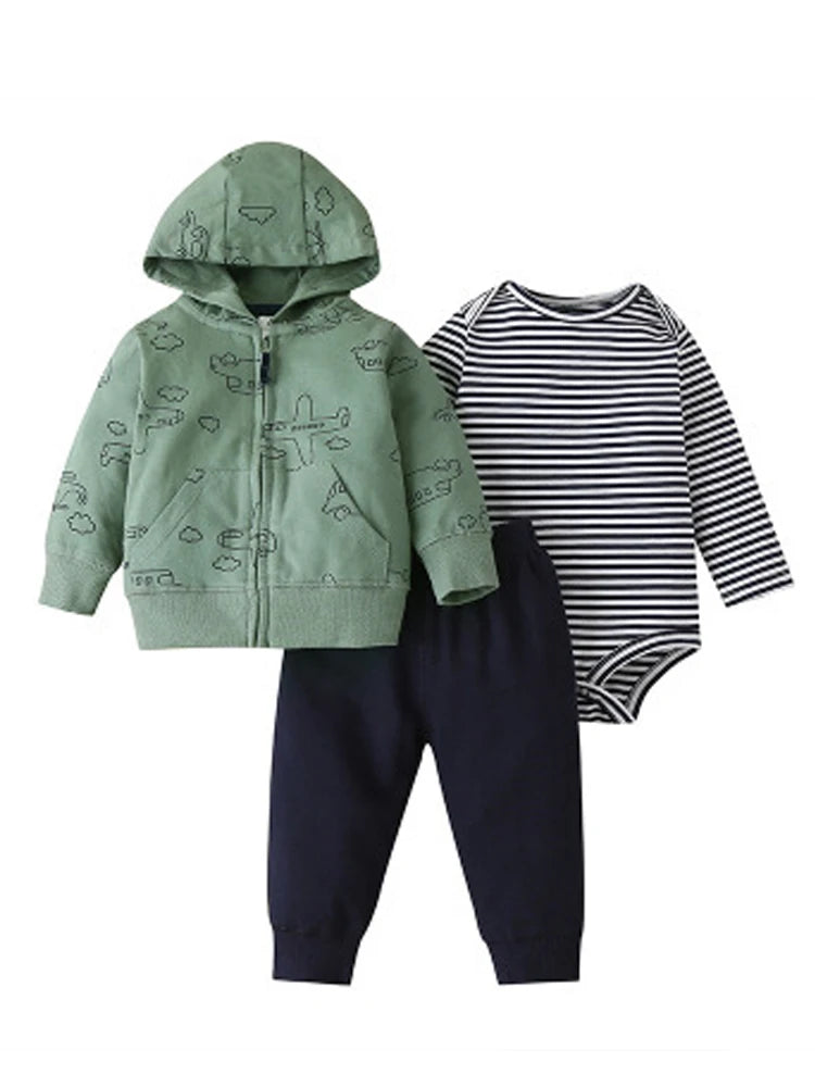 Baby Boy Girls Long Sleeve Clothes 3PC Set Hoodie  +Long Sleeve Bodysuit + Pants Outfit Toddler Boy jacket Newborn Costume 6-24M