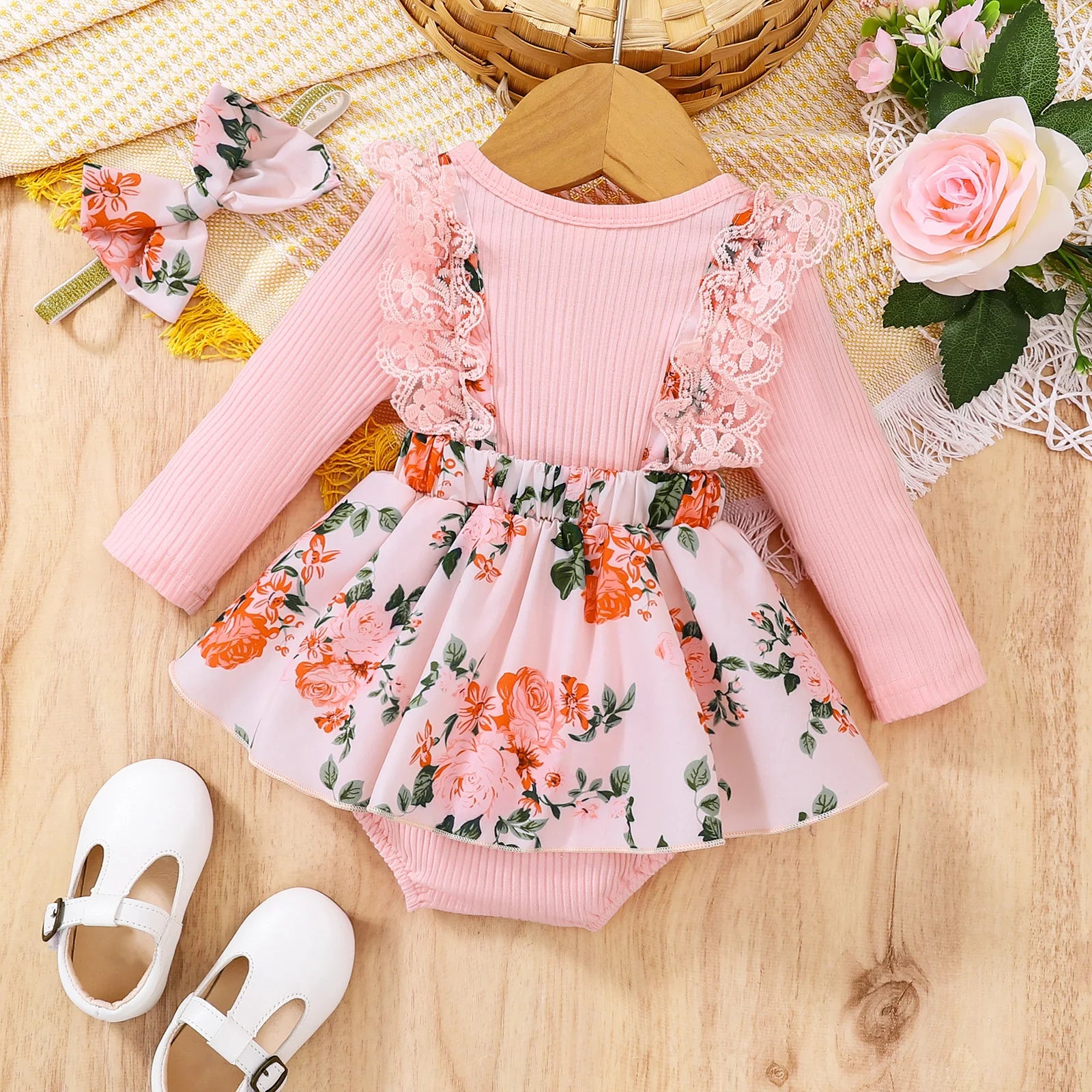 Newborn Baby Girls Knitted Bodysuits Infant Overall with Headband