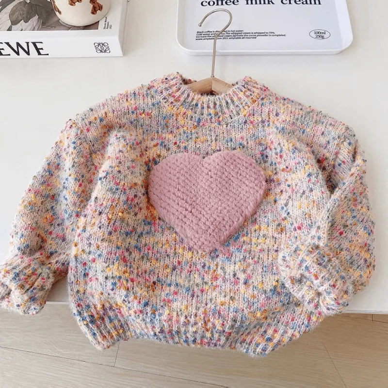 Baby Girl Cotton Heart Sweater Infant Toddler Child Long Sleeve Knitted Hoodie Casual Warm Thick Pullover Baby Clothes 12M-7Y