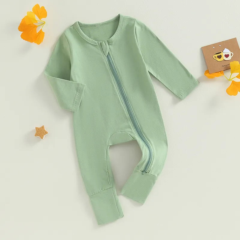 Fall New Solid Basic Newborn Baby Romper Pajamas Soft Cotton Casual Long Sleeve Zipper Footless Jumpsuit Sleepwear For Girls Boy