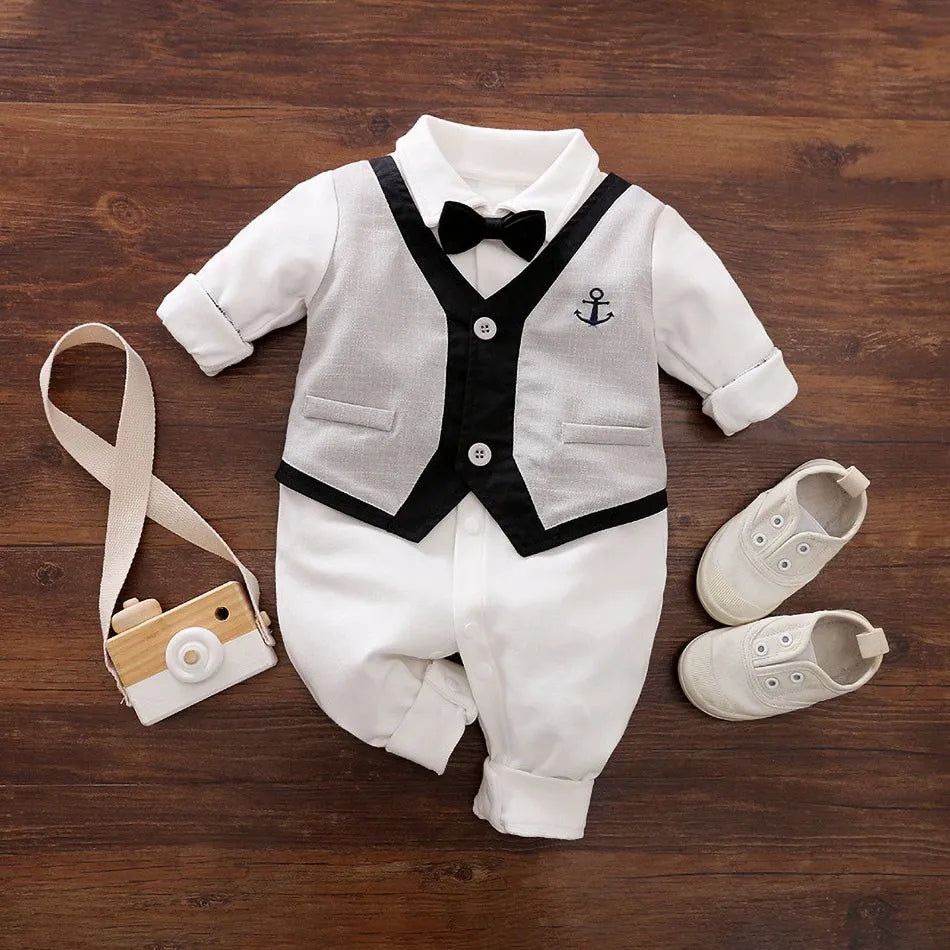 Newborn Formal Suit Baby Boy Clothes Bow Tie Tuxedo Jumpsuit