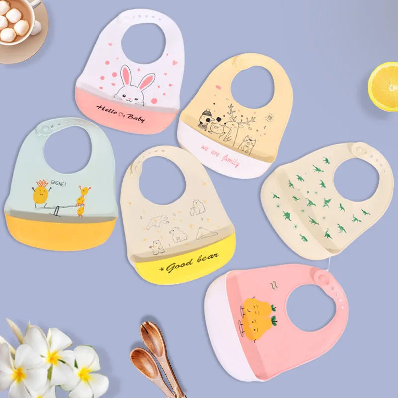 Cute Cartoon Print Unisex Baby Bandana Waterproof Silicone Saliva Towel Toddler Feeding Bibs with Food Catcher Pocket for Kids