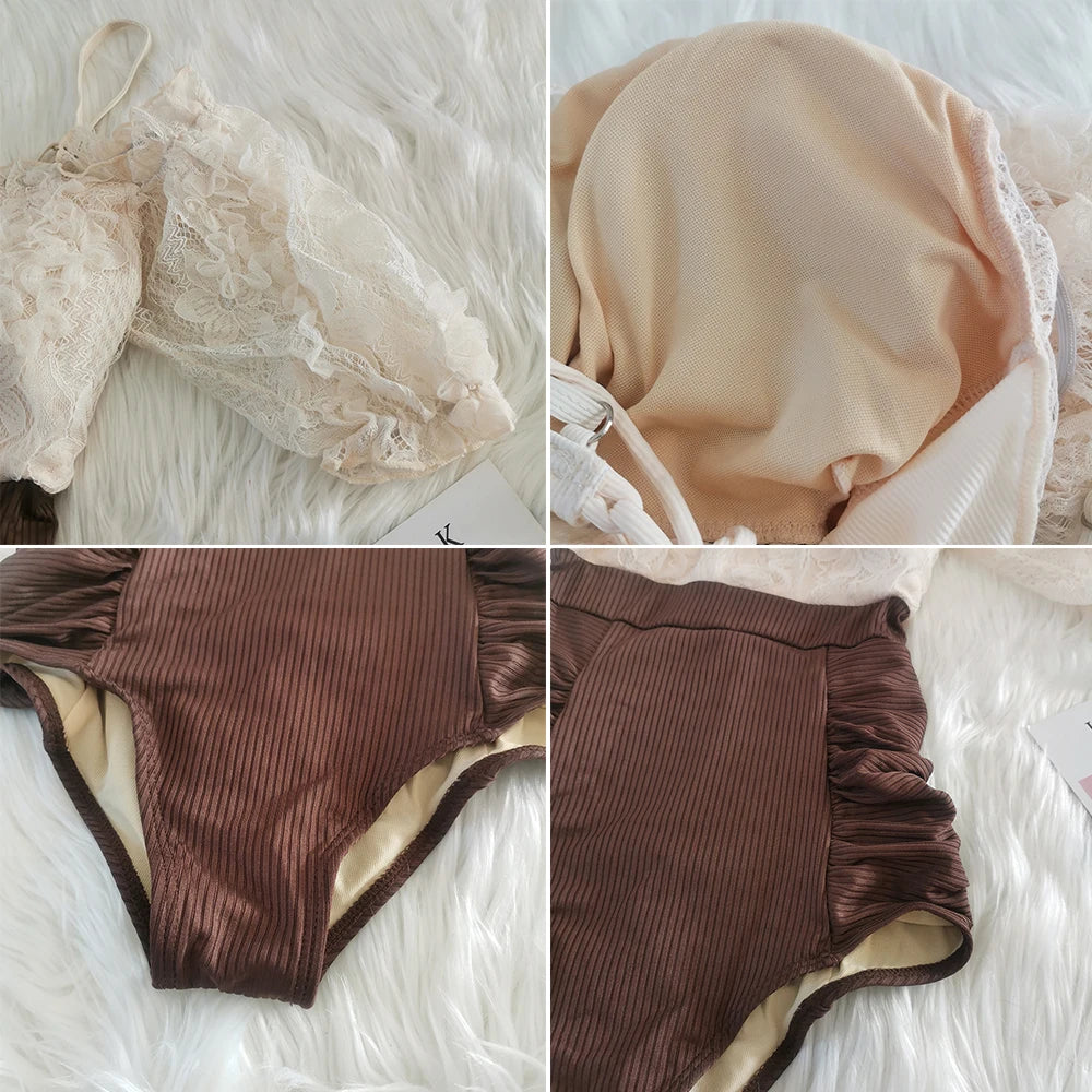 Korean Off Shoulder Flounce One Piece Ruffles Swimsuit