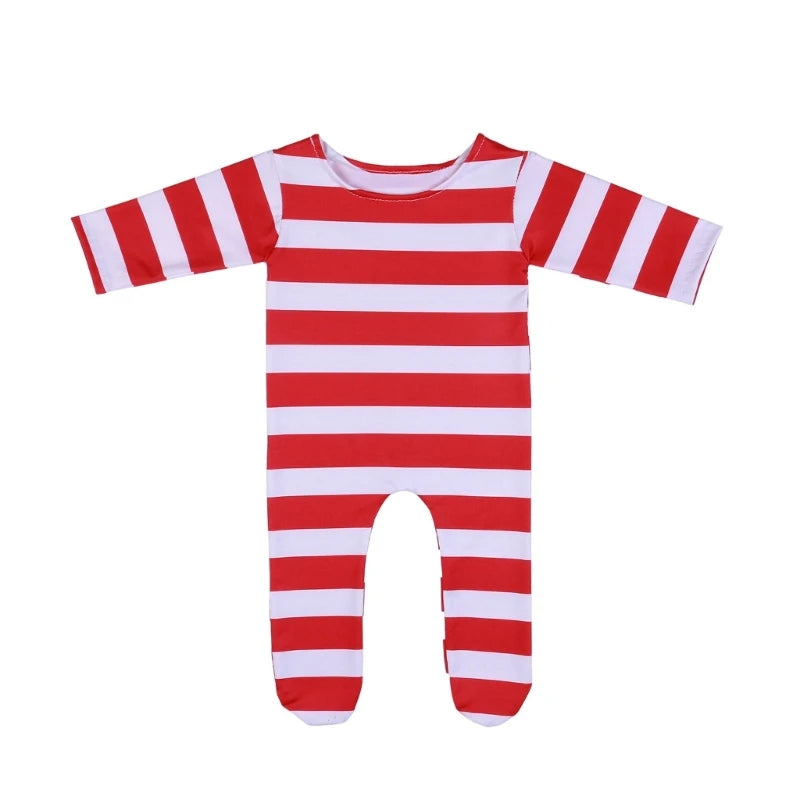 Christmas Newborn Baby Photo Shoot Prop Outfit Long Sleeve Red White Stripe Outfit Clothes Santa Bodysuit with Footies