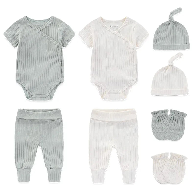 New Born Bodysuits+Pants+Hats+Gloves 8 Pieces Set 100%Cotton