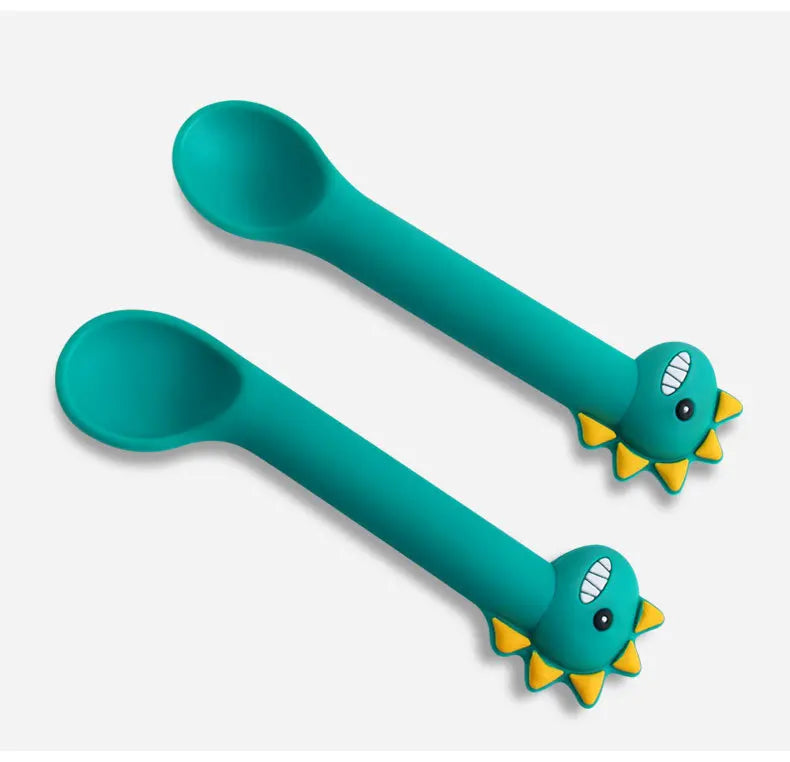 Baby Dinosaur Silicone Tableware Learning Spoon Fork Set Kids Anti-slip Feeding Training Utensils  Food Grade Silicone Dishes