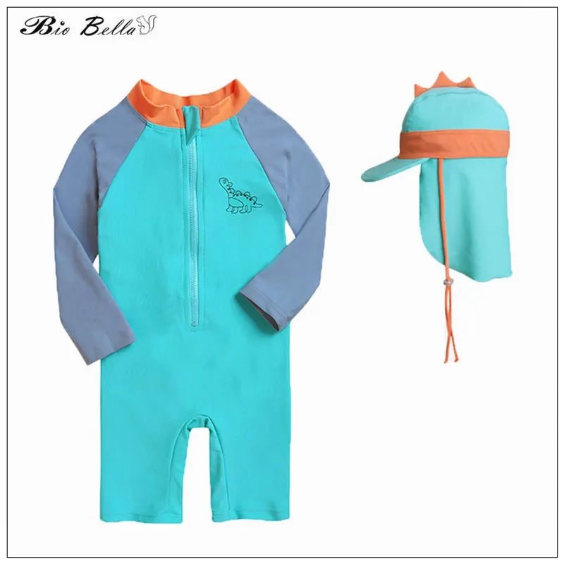 Baby Dinasour Swimwear Fashion Cartoon Sunscreeen Hat Romper Long Sleeve Swimable Beachwear Boy Girls 1-7 Year Kids Wetsuit