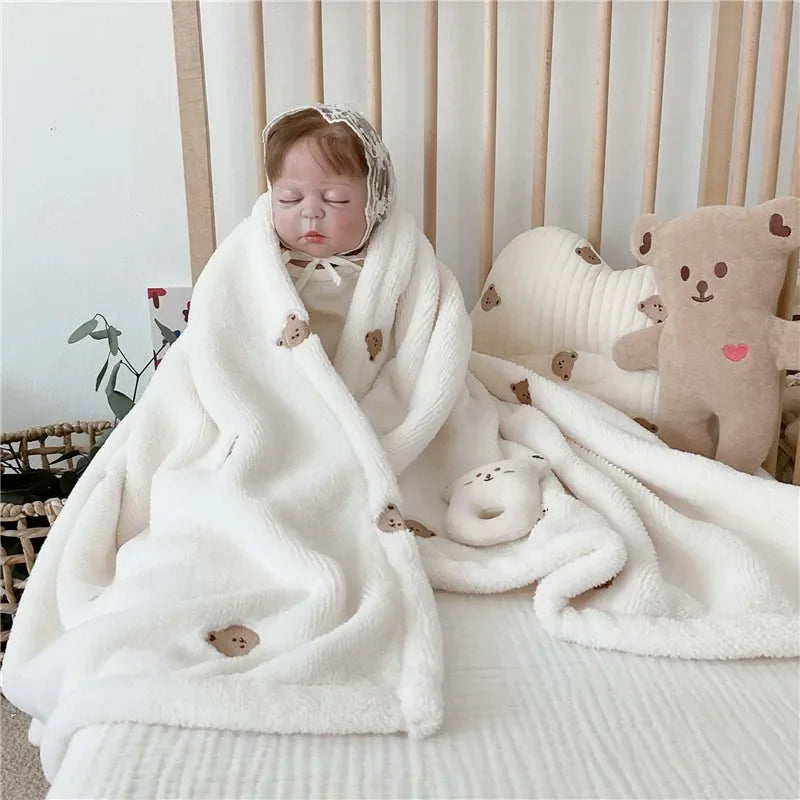 New Baby Soft Fleece Blanket Cartoon Bear Embroidery Infant Bedding Quilt Blanket Newborn Baby Sleeping Swaddle Stroller Blanket