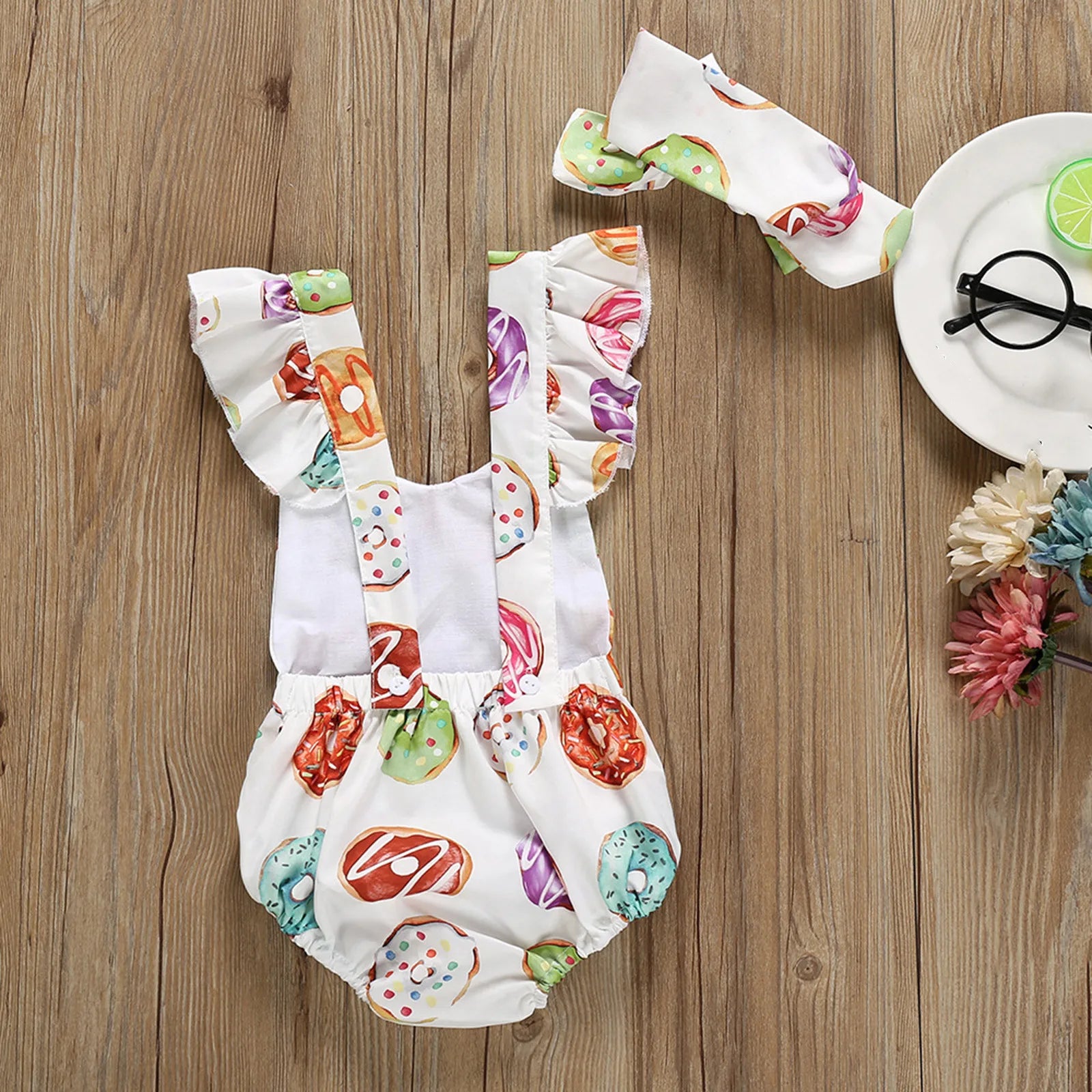 Baby Girl Donuts Bodysuits Colorful Bodysuit Headband 2Pcs Outfits