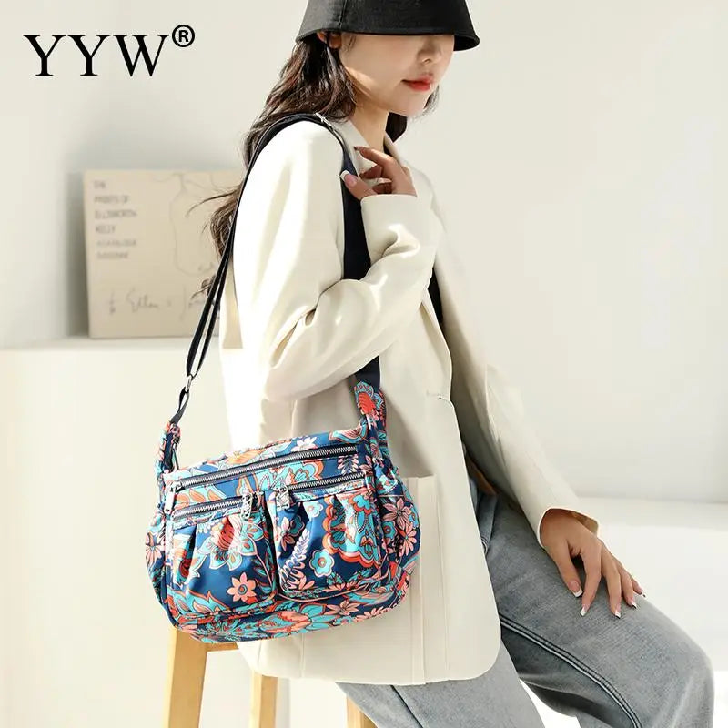 Large Capacity Nylon Women's Floral Pastoral Shoulder Bag Casual Waterproof Messenger Purse Ladies Travel Totebag Mother Handbag