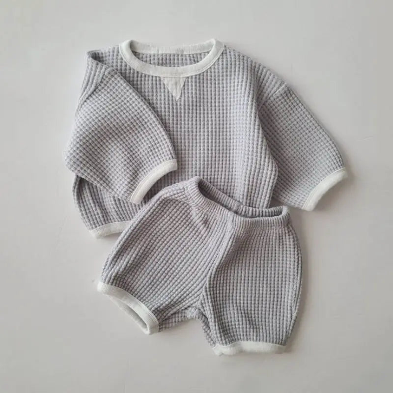 New Baby Waffle Sweatshirt Tops+Pants Suit Tracksuit
