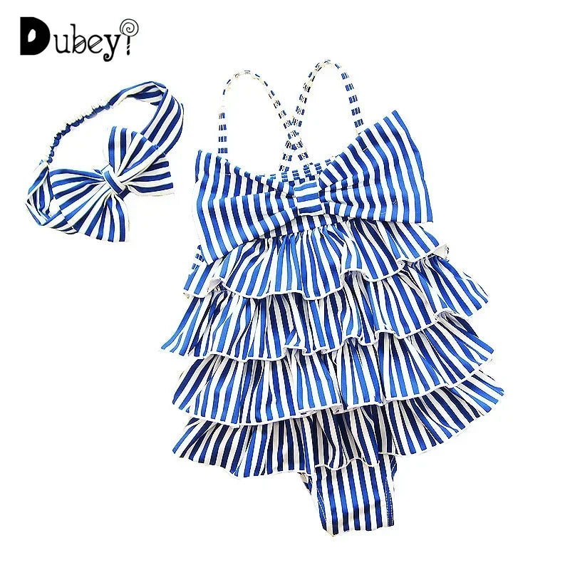 Baby Girl Swimwear Bathing Suit Little Girl Suspender Swim Swimsuit Blue Stripes Bow One Piece Swimwear Toddler Bikinis