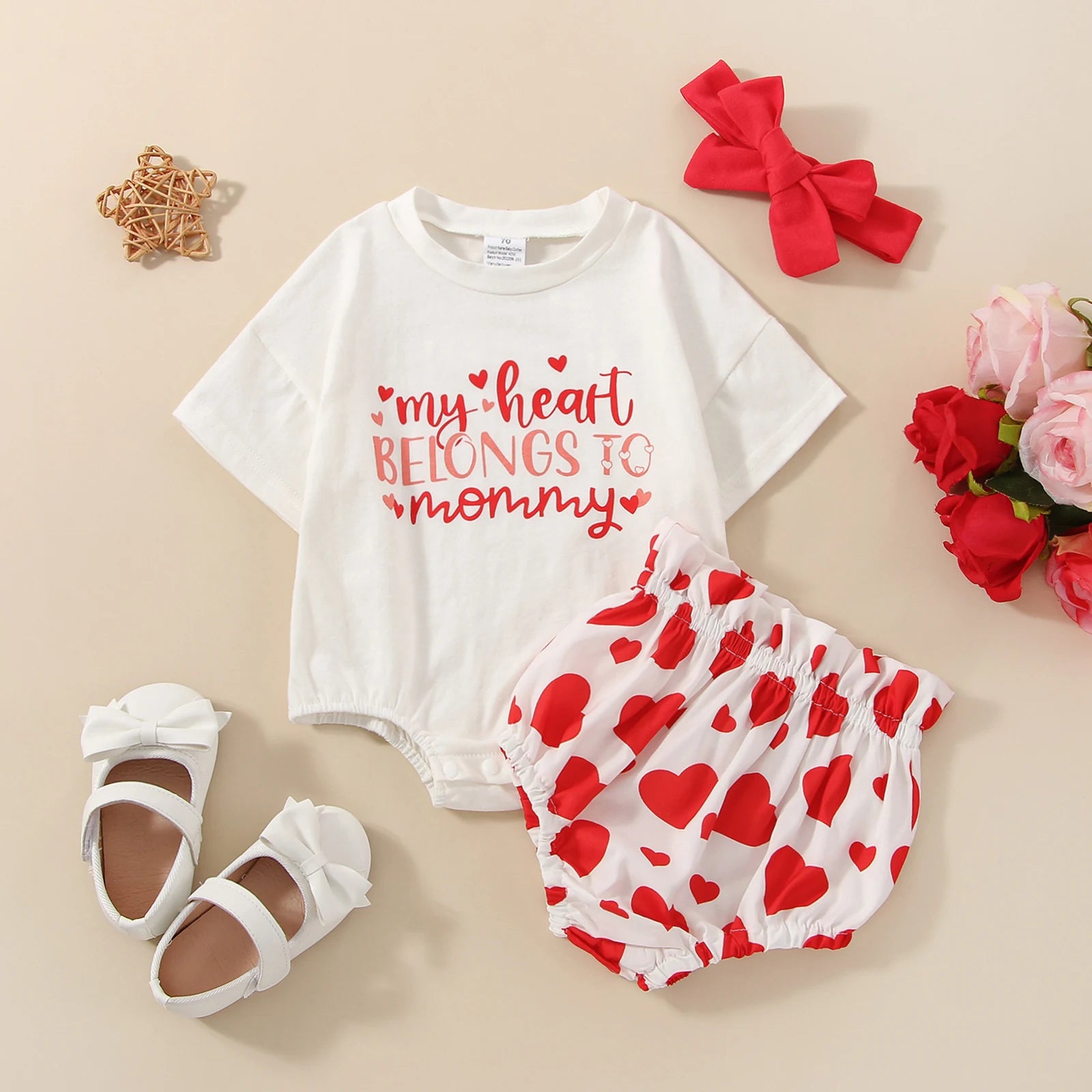 FOCUSNORM 3pcs Valentines Days Baby Girls Sweet Clothes Sets 0-18M Letter Short Sleeve Romper+Heart Print Shorts Hairband