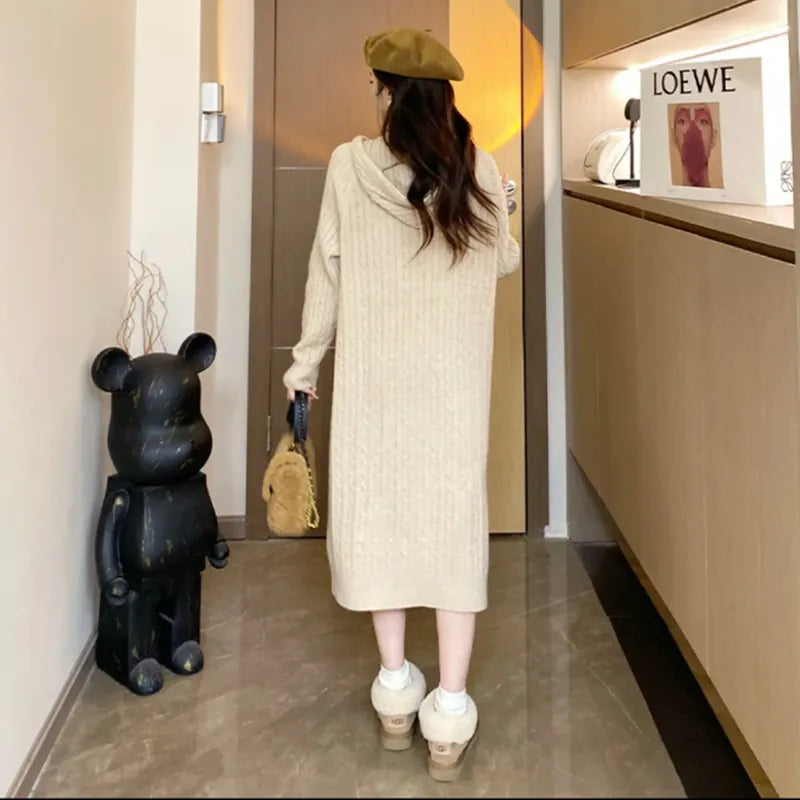 Maternity Autumn Winter Knit Dresses Clothes For Pregnant Women 2023 New Casual Hooded Loose Solid Pregnancy Long Sweater