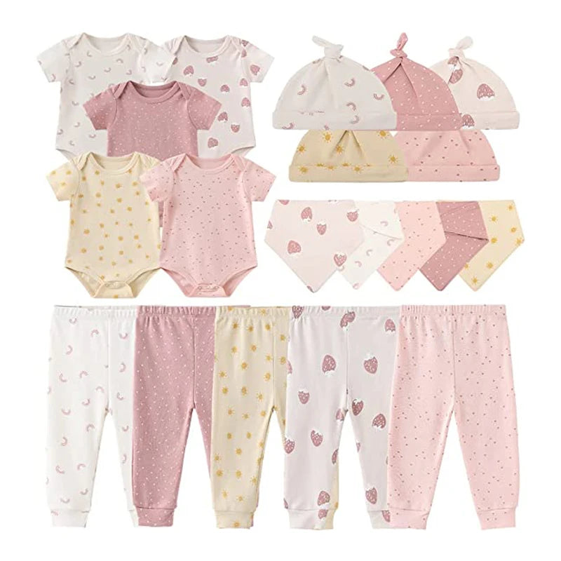 Baby Bodysuits+Pants+Hats+Bibs Cotton Sets