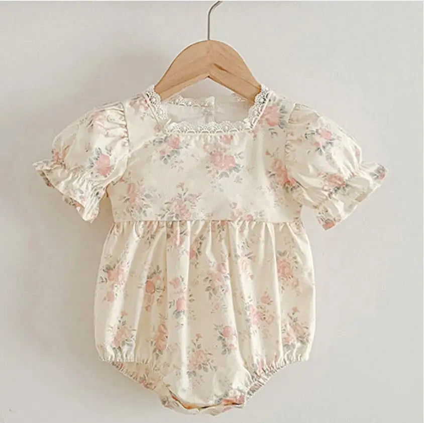 Korean Style Summer Girls Floral Jumpsuit+Hair Band 2pcs