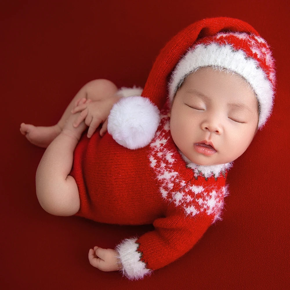 Red Baby Christmas Outfit Newborn Photography Props Knitted Newborn Christmas Clothes Baby Girl Costume Photo Shoot Accessories