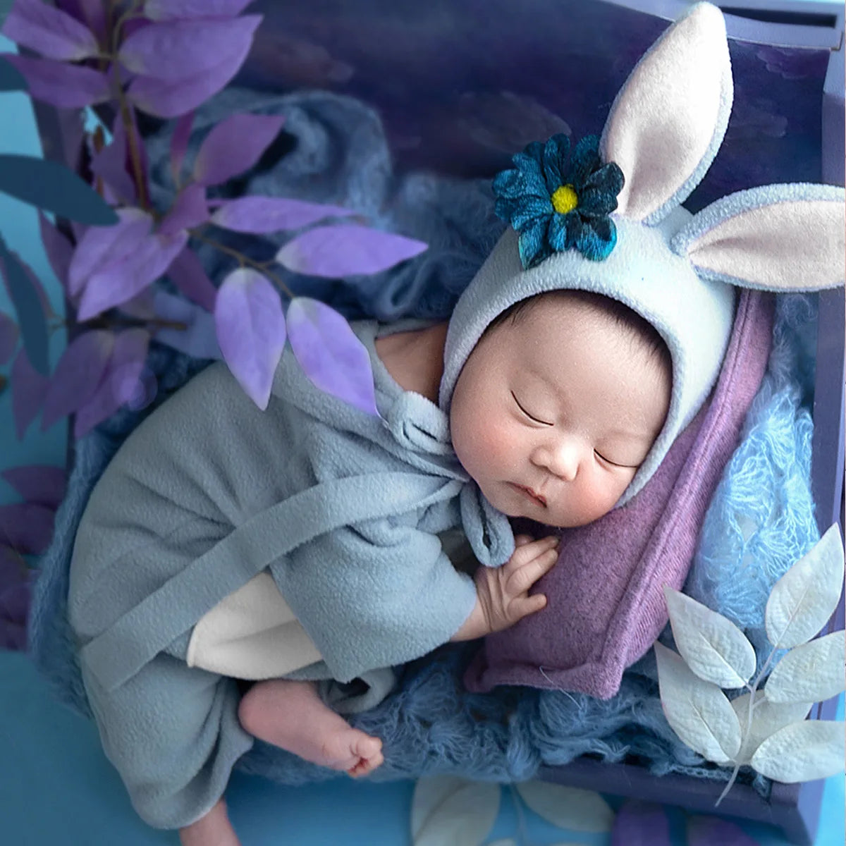 Cartoon Rabbit Hat Baby Photography Props Full Moon Baby Shooting Accessories Photo Props Baby Photo Clothes 1 Set