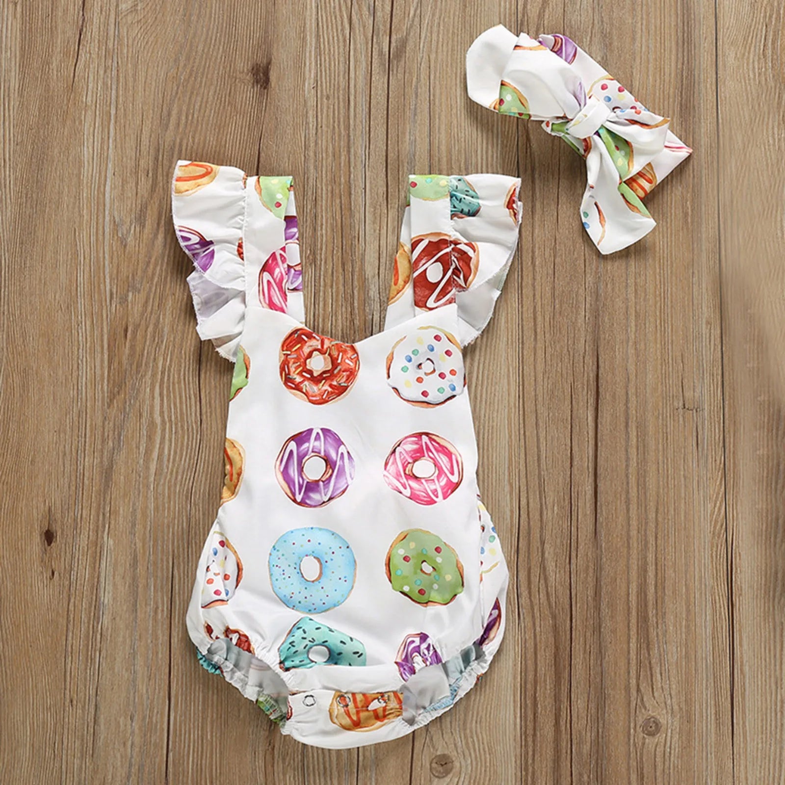 Baby Girl Donuts Bodysuits Colorful Bodysuit Headband 2Pcs Outfits