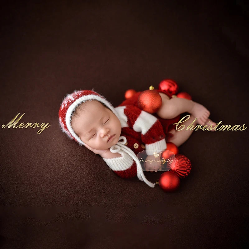 Newborn Photography Clothing Crochet Festivals Baby Outfit Red Hat +Jumpsuit 2Pcs/set Studio Baby Photo Prop Accessories