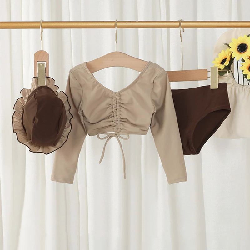 Children Clothes Girl Split Swimsuit Spring Summer Solid Long Sleeve Top Shorts Suit for Babies Fashion Kids Girls Swimwear