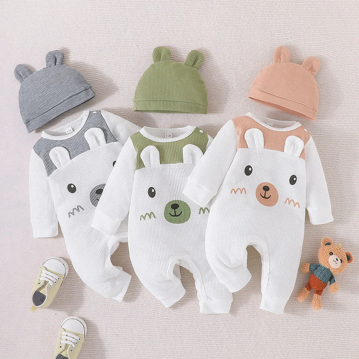 Newborn Infant Baby Boy Clothes Sets Spring Autumn Waffle Long-Sleeved Cute Jumpsuit+Hat 2 PCS Toddler Girls Clothes