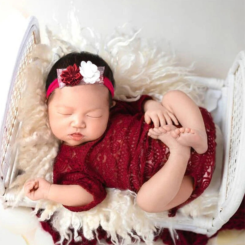 Newborn Girls Photography Props Lace Romper Flower Headdress Baby Costume Photoshooting Accessories Infant Shower Gifts
