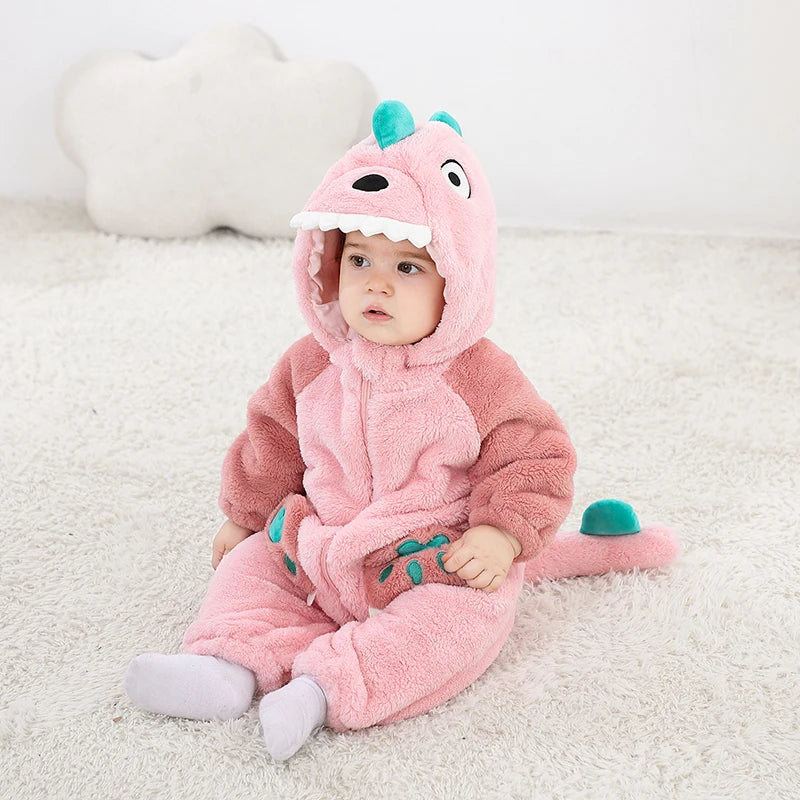 Lovely Dinosaur Newborn Baby Girl Clothes Bodysuit Plush Soft Warm Toddler Jumpsuit Halloween Kid Infant Pajamas Overalls Zipper