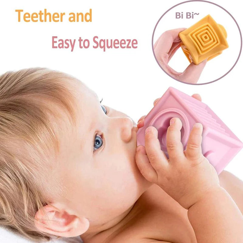 Baby Sensory Teether Toys Building Silicone Blocks Grasp Toy 3D Silicone Building Blocks Soft Ball Kid Rubber Bath Cube Baby Toy