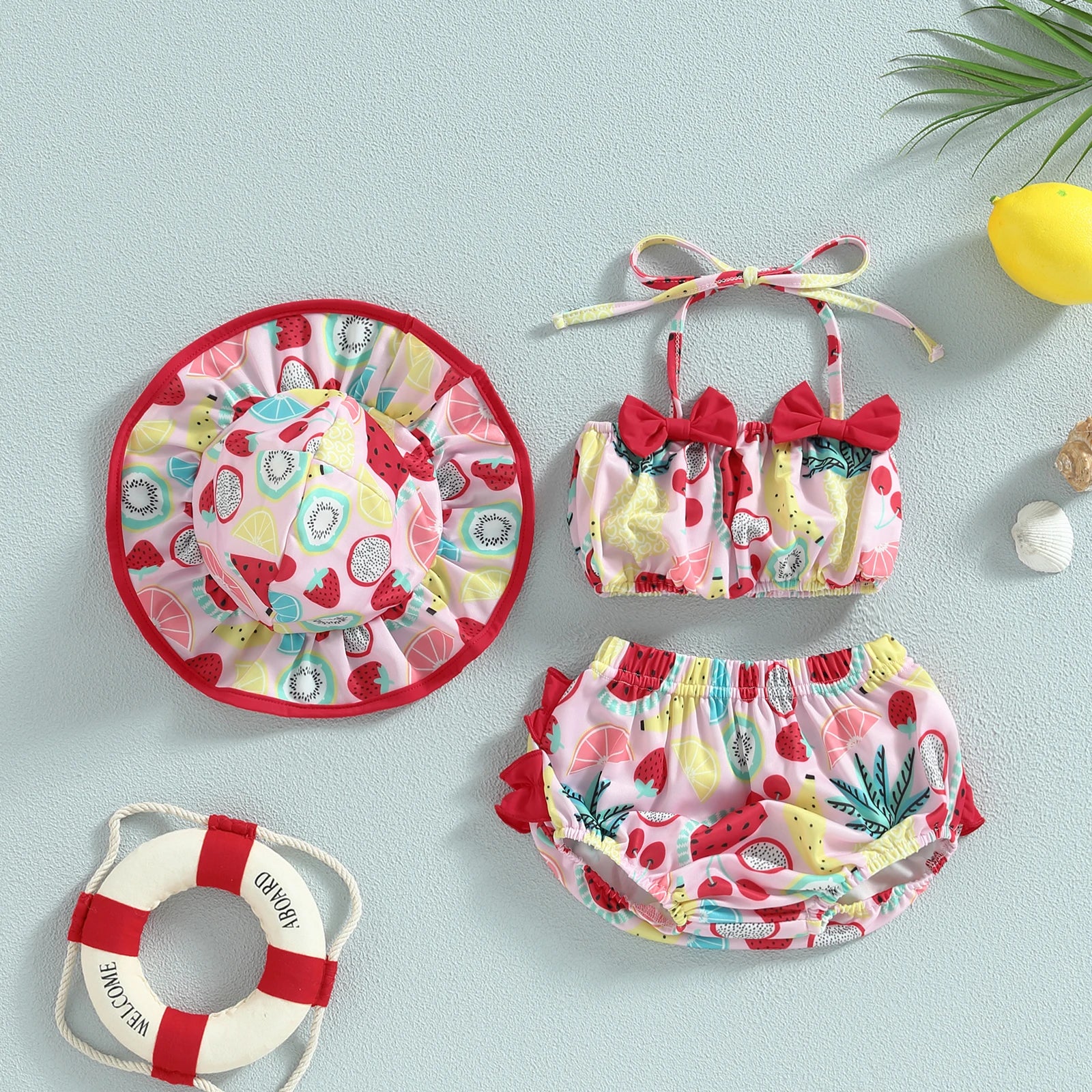 EWODOS 0-24Months Toddler Baby Girl 3pcs Swimsuits Summer Fruit Print Bandage Halter Sleeveless Tops Beach Shorts and Hat Sets