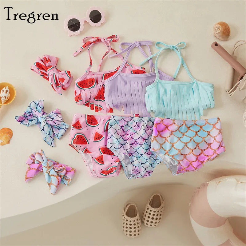 Tregren Toddler Baby Girls Swimsuit Beach Bikini Halter Tassel Fish Scale/Watermelon Print Swimwear Summer Swimming Bathing Suit