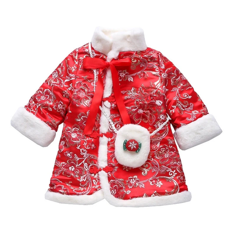 Girls Cheongsam 2023 Winter 2-10 Years New Year Embroidery Thickening Kids Baby Girl Traditional Chinese Style Ethnic Tang Dress