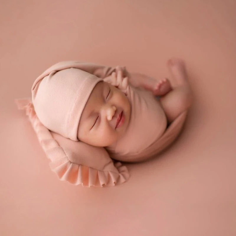Newborn Photo Props Pillow & Wrap Blanket & Muslin Hat Set Baby Photography Clothing Infant Photo Blanket for Boys Girls