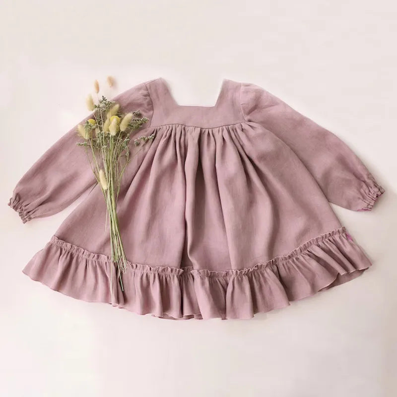 Birthday Girl Kid's dress Cotton Linen Dress With Long Sleeves Baby Clothing