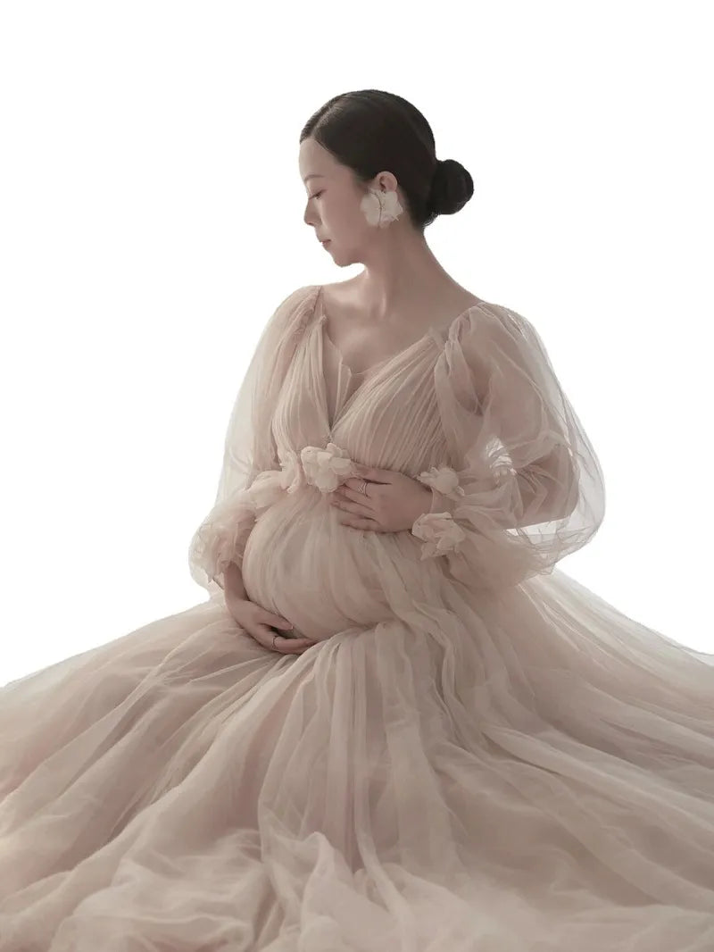 Women's Champagne Maternity Photo Shoot V-Neck Long Sleeves