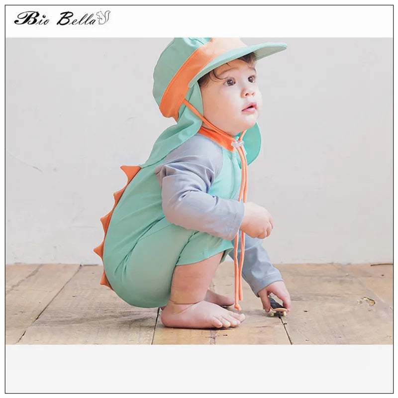 Baby Dinasour Swimwear Fashion Cartoon Sunscreeen Hat Romper Long Sleeve Swimable Beachwear Boy Girls 1-7 Year Kids Wetsuit